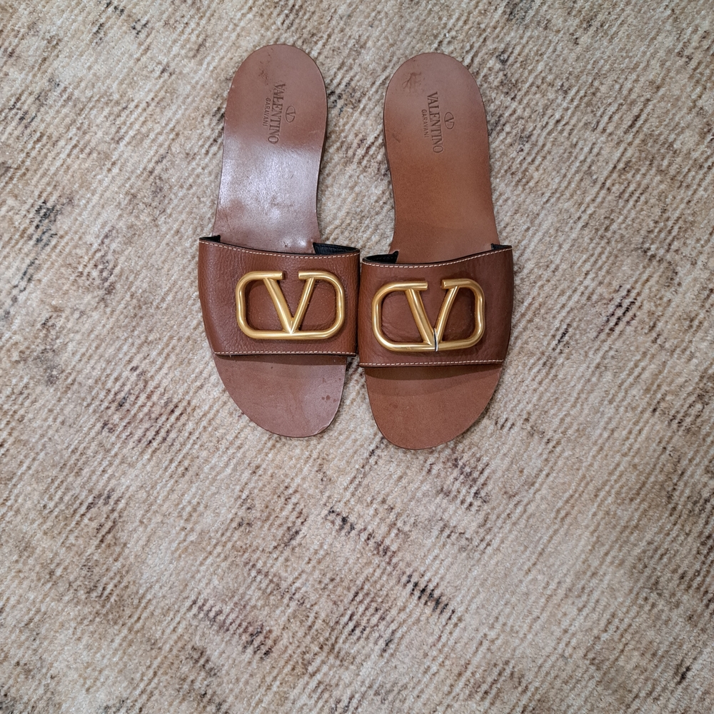 Valentino Brown Slides with Gold Emblem
